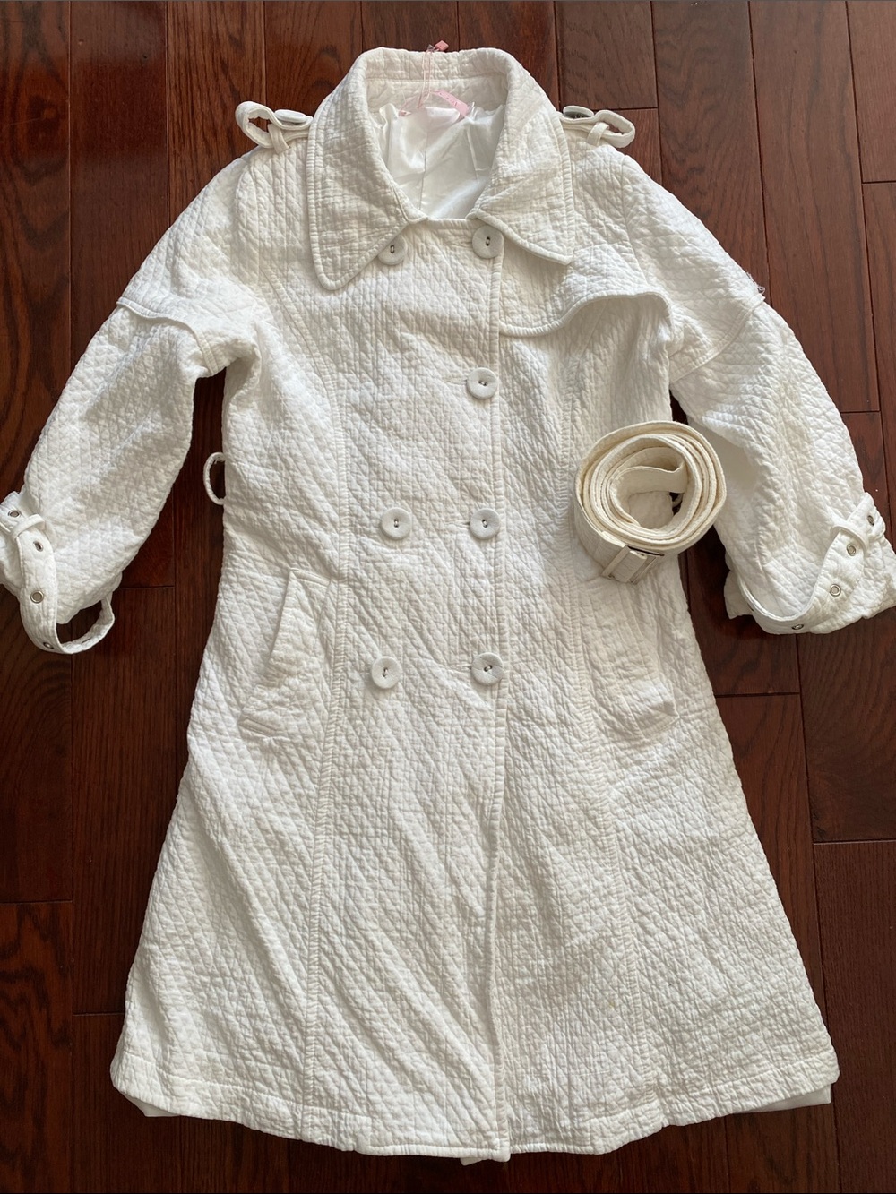 White Quilted Kids Pea Coat with Belt